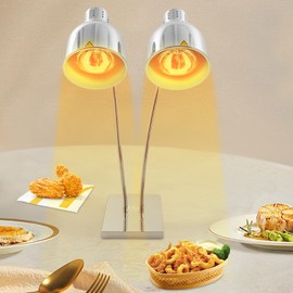 NuBusno Food Heat Lamp Commercial 2-Head Food Heating Light with Square Base 360° Adjustable Metal Food Warming Lamp for Buffet Cafeteria Restaurant 500W (Silver)