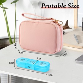 Travel Pill Organiser 3 Times a Day, 7 Days Pill Box with Large Opening and Handle, Pill Organiser Travel Tablet Box with for Vitamins, Fish Oil Capsules, Tablets and Supplements (Pink-M)
