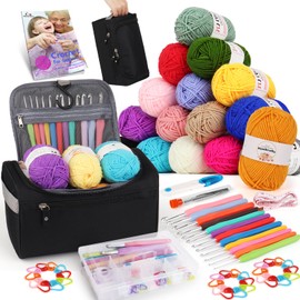 Aeelike Crochet Kits for Beginners Adults, Beginners Crochet Kit with Instructions 16Pcsx25g Crochet Yarns Ergonomic Metal Crochet Hooks 2mm-8mm Accessories Storage Case Crochet Starter Kit - Black