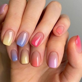 Short Press on Nails French Tip Fake Nails Square Shape Glue on Nails Gradient Colorful Acrylic Nails Cute Full Cover False Nails Glossy Stick on Nails Rainbow Artificial Nails for Women Girls