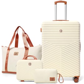 Hoteel 4 Piece Luggage Set (4-YEAR WARRANTY) Carry on ABS+PC Hard Shell Suitcase with Spinner Wheels & TSA Lock (Beige)