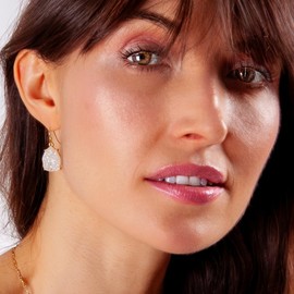 White Earrings for Women Dangle - Created White Opal Earrings for Women - Boho Dangle - Womens Long Sparkly Dangly with Dangling Cream Simulated Druzy Teardrop in Gold Tone