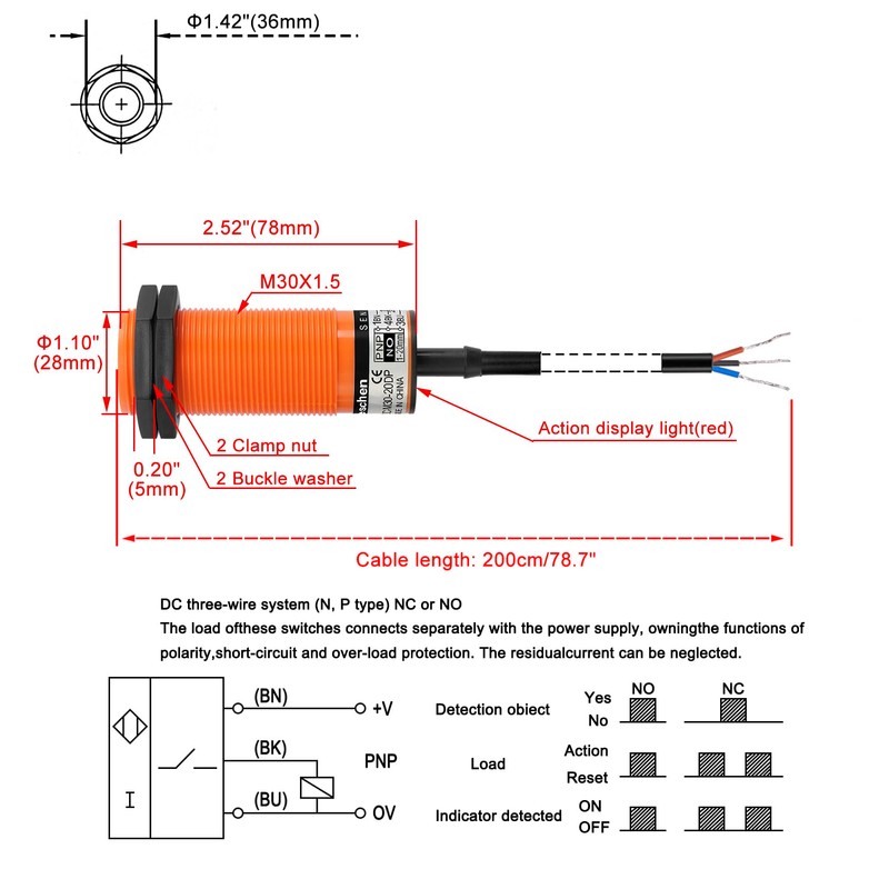 Heschen M30 Capacitive Proximity Sensor Switch,SZC-M30-20DP, Detecting Distance 1-20mm, 10-30VDC
