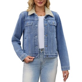 CIMUK Women Denim Jackets Faux Fur Collar Fleece Lined Winter Thicken Denim Trucker Jacket Large Blue