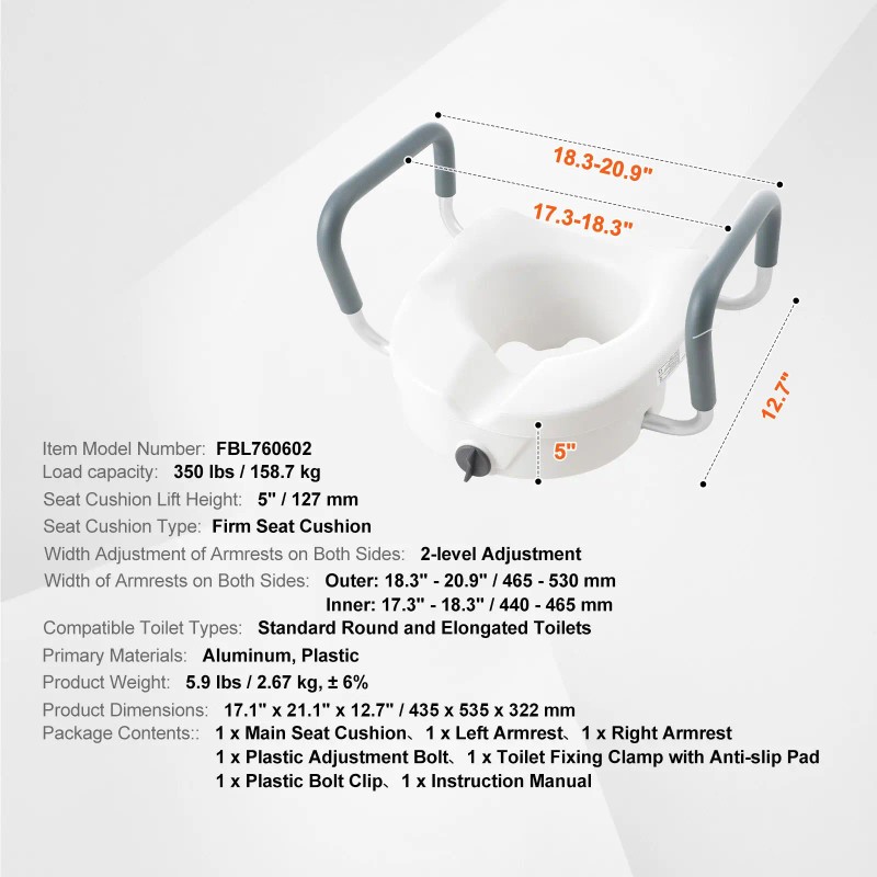 Adjustable 5\" Height Raised Toilet Seat for Elongated Toilets 350