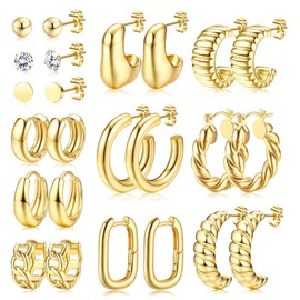 Kakonia 12 Pairs Chunky Gold Hoop Earrings Set for Women Trendy Hypoallergenic 14K Gold Plated Thick Stainless Surgical Steel Stud Huggie Earring Stacks Pack Jewelry for Sensitive Ears