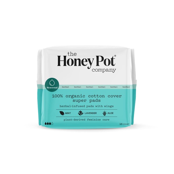 The Honey Pot Company - Super Absorbency Pads with Wings - Organic Pads for Women - Herbal Infused w/Essential Oils for Cooling Effect, Cotton Cover, & Ultra-Absorbent Pulp Core - Feminine Care- 16 ct