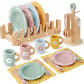 Atoylink Children's Kitchen Accessories Wooden Tableware Tea Service Children Tableware Set with Cups Plates Play Kitchen Accessories Wooden Kitchen Accessories Toy Role Play Gift for Girls Boys 3 4 5