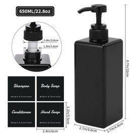 Segus Black Soap Dispenser, 3 Pieces 650ml Shower Gel Dispenser, Hand Wash Dispenser in Plastic, Shampoo Bottles with Pump, Kitchen Soap Dispenser Set with Labels