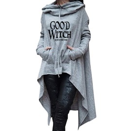 Rfecccy Women's Good Witch Tunic Casual Long Sleeve Pullover Irregular Hem Hoodies Grey