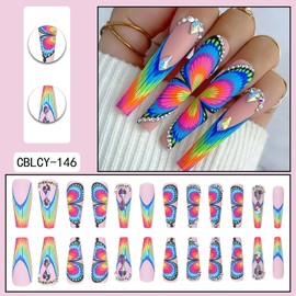 Press on Coffin Nails Long Length Glossy Full Cover Acrylic Extra Long Square False Nails with Designs Artificial Ballerina Square Fake Nails with Charm Glue ons Nails Fingernails for Women(CBLCY146)