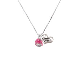 Delight Jewelry Hot Pink Hibiscus Flowers Spinner Silvertone Class of 2025 Heart Charm Necklace, 18"+1" Extender