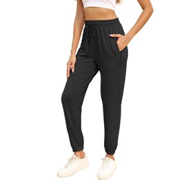 Womens High Waisted Sweatpants Cinch Bottom Drawstring Jogger Pants with Hidden Pocket Black