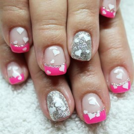 24Pcs Valentines Press on Nails French Tip Short Square Fake Nails with Heart False Nails Rose Pink Nail Tips Acrylic Nails Silver Glitter Valentines Glue on Nails for Women DIY Manicure Design