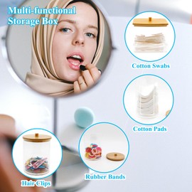 CiciIng Pack of 3 Cotton Buds Container & Cotton Pad Dispenser & Multi-Purpose Cylinder with Bamboo Lids, Transparent Storage Box for Ear Sticks, Cotton Pads, Cotton Balls