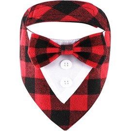 HDGDT Adjustable Red Plaid Christmas Dog Tuxedo Bandana with Bow Tie - Holiday Pet Outfit Costume for Dogs XS to XL