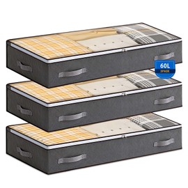 Boic 3 Pack 60L Underbed Storage Bags, Foldable Underbed Storage With Reinforced Handle, Under Bed Storage Boxes With Lids UnderbedStorage Boxes For Clothes Quilts Blankets Beddin