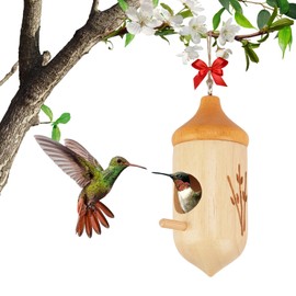 Hummingbird House, Small Hummingbird Houses for Outside, Wooden Bird House with Bow, String, Cute Gardening Gifts Home Decoration (Style-3, 1 Pack)