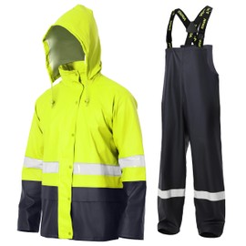 NAVIS MARINE Rain Suit for Men Heavy Duty Workwear Waterproof Jacket with Pants 3 Pieces (Fluorescent Yellow, Small)