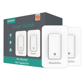 MoesGo WiFi Smart Single Fire Wall Light Switch,No Neutral Wire Need, Single Pole, Smart Life/Tuya Remote Control, Compatible with Alexa and Google Home Assistant 110V Minimum 7w White （2 Pack）
