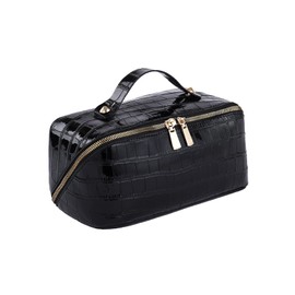 Tiita Travel Makeup Bag, Large Capacity Cosmetic Bag, Waterproof Portable Leather Toiletry Bag for Women, Organizer Bags with Handle and Open Flat for Girls(Black)