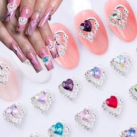 Alloy Heart Nail Charms 12 Pcs Silver Nail Rhinestones with Colorful Heart Shape Nail Gems Design Valentine's Day Nail Supplies 3D Diamond Nail Art Charms Jewelry for Women Acrylic Nail Decorations