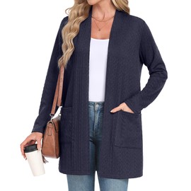 IWOLLENCE Long Cardigans for Women UK Ladies Cardigan with Pockets Women's Soft Basic Solid Elegant Edge to Edge Knitted Cardigan (Navy Blue, XL)
