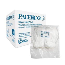 Safe Health Pacer100 Cleanroom Vinyl Disposable Gloves, 12 Inches, Class 100, ISO 5, Clear, Case of 1000, Small, Latex Free, Powder Free