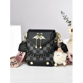 Fashionable Geometric Pattern Pu Leather Crossbody Bag As Gifts, 2025 New Versatile Shoulder Bags 2025 for Women, Trendy All-match Bag Charm Chain Flap Affordable Luxury Bag:_Dark coffee_one-size