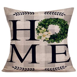 Fukeen Set of 4 Vintage Buffalo Check Plaids Pillow Covers Welcome Home Sweet Home Quote Wreath Rustic Farmhouse Decorative Throw Pillow Cases Cotton Linen Square 18x18 Inch Cushion Cover