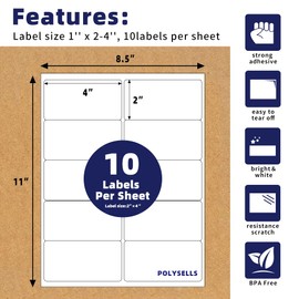 POLYSELLS Self Adhesive 2"x4" Address Shipping Labels, 10UP White Sticker FBA Labels, Inkjet/Laser Printer Compatible, 10 Labels/Sheet, 100 Sheets/1000 Labels