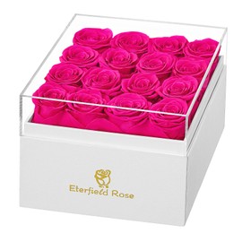 Eterfield Forever Flowers Preserved Roses Real Roses That Last Over a Year Rose Box Gifts for Her Mothers Day Valentines Day Christmas (Square White Box, 16 Hot Pink Roses)