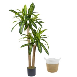 Warmplants Artificial Dracaena Tree, 5ft Tall Fake Dracaena Plant with Basket, Indoor Outdoor Faux Topiary Yucca Trees for Office Home Living Room Porch Patio Décor