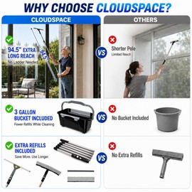 Window Washing Kit with Extension Pole(19–94.5"), Window Squeegee with Extension Pole, High Reach Window Cleaning Kit, 3 Gallon Bucket, Streak-Free Outdoor Window Cleaner, Extra Refills