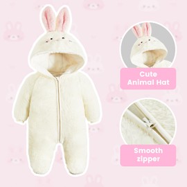 JiAmy Baby Winter Snowsuit, Infant Hooded Romper Outfits Boys Girls Cartoon Fleece Jumpsuit White Bunny 3-6 Months