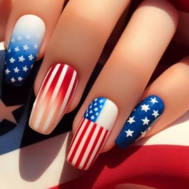 TBRZTR Independence Day Press on Nails Medium Stars Stripes Design Gradient 4th July Acrylic Nail Full Cover Artificial Stick on Nail Holiday Manicure Matte Glue on Nails for Women 24Pcs