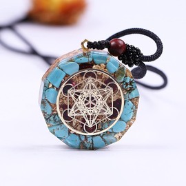 DAXWEV Orgone Metatron Cube Om Necklace, Chakra Crystal Stone for Healing Yoga Mediation, EMF Protection, Blue Metatron