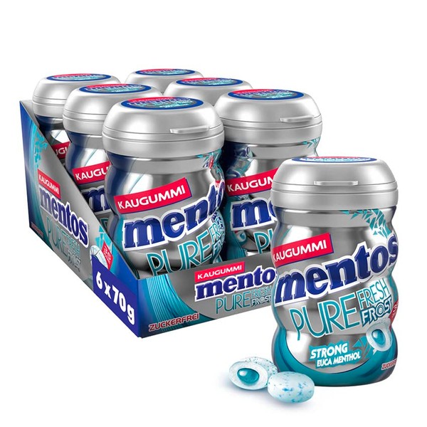 Mentos Kaugummi Pure Fresh Frost, 6 Boxen zuckerfreie Chewing Gum Dragees mit Menthol-Eukalyptus-Geschmack & flüssiger Füllung, Multipack (6 x 70g)