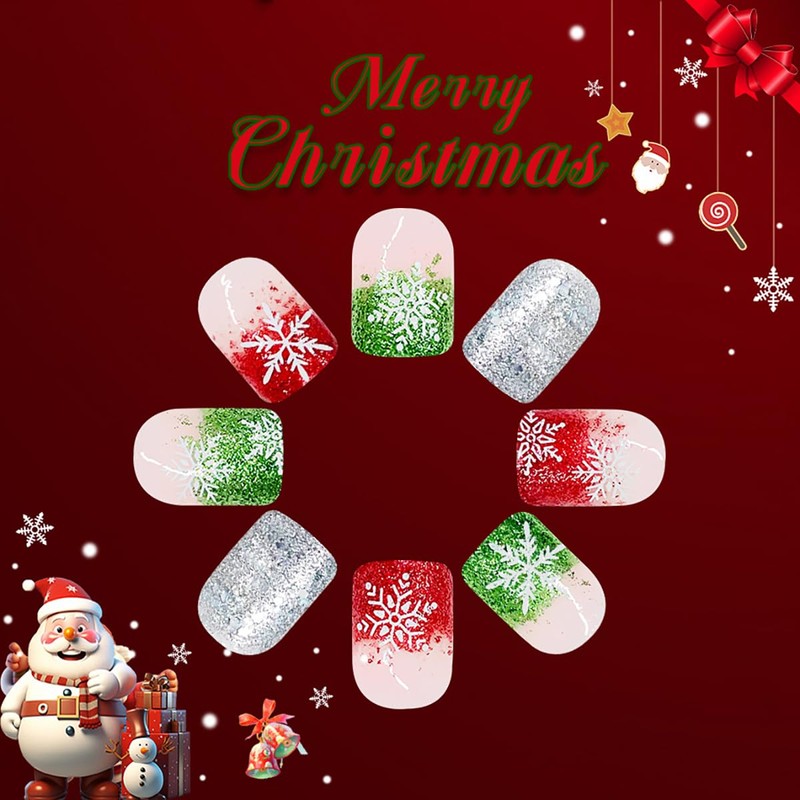 24Pcs Christmas Short Press on Nails Square Fake Nails Snowflake