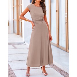 BTFBM Women Two Piece Skirt Set Summer 2025 Casual Vacation Crew Neck Short Sleeve Cropped Top Elastic Waist Midi Skirts(Solid Khaki, X-Large)