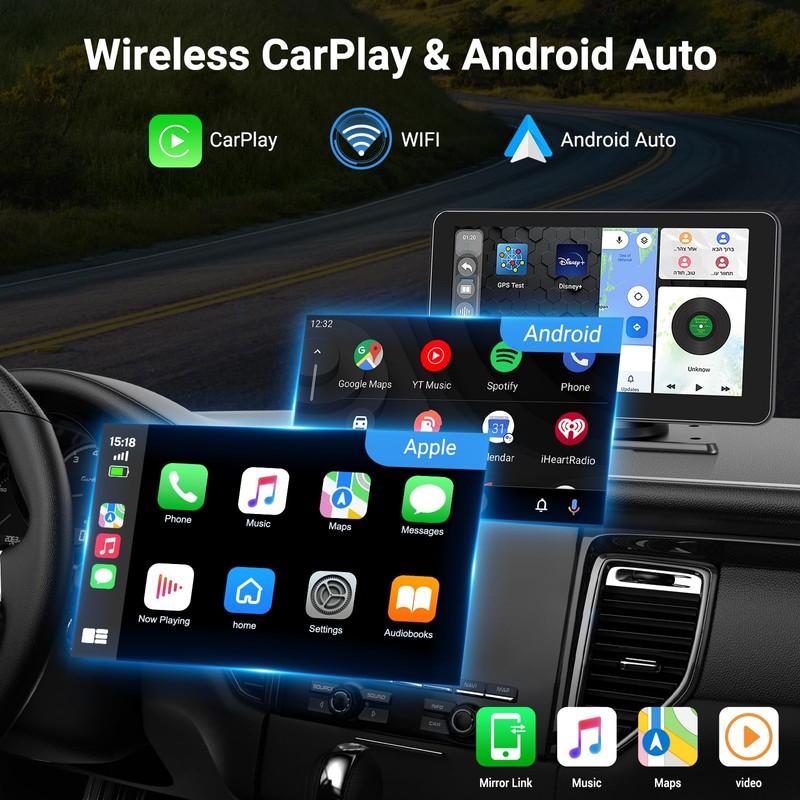 HAUXIY Wireless Apple Carplay Screen for Car, 7" HD Touchscreen