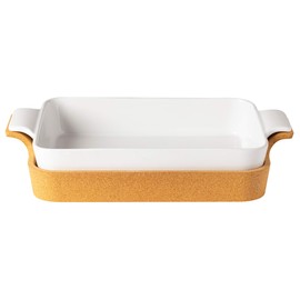 Casafina Ceramic 16" x 10.25" Rectangular Baker with Cork Tray - Ensemble Collection, White | Oven & Dishwasher Safe Bakeware | Food Safe Glazing | Restaurant Quality Dinnerware