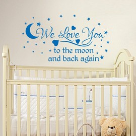 WE Love You to The Moon and Back Again, Quote Wall Art Sticker Decal, for Baby Boys or Girls Nursery, Medium Blue, 75x41 cm
