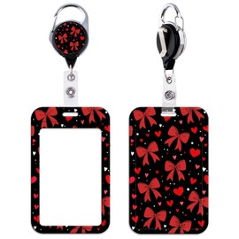 Red Bow Work Retractable Badge Reel with ID Holder Cute Love Heart Reel Clip & Badge Holder for Keys & ID Badges for Women Girls Kids Teachers School Cool Heavy Duty Retractable Keychain(Black)