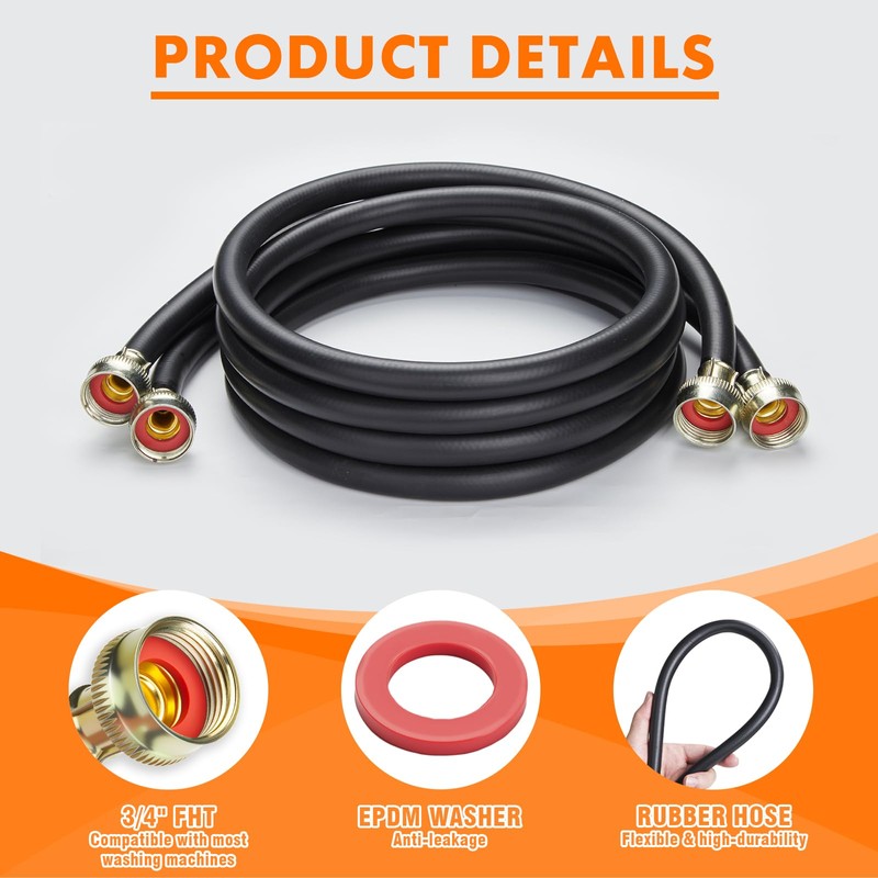 6FT Washing Machine Hoses Black Rubber Hot and Cold Water