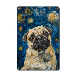 Ymyoo - Letrero de metal vintage para pared, diseño de pug de noche estrellada, pug curioso pug en un cielo celestial para el hogar y pantallas estacionales, aluminio resistente a la corrosión, 6 x 8