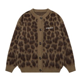 Silent Vortex Women's Leopard Print Button Down Long Sleeve Fuzzy Cardigan Sweaters Vintage Cheetah Shrug Jackets Brown L