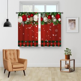 Aimego Christmas Ball Kitchen Curtains - Xmas Decorations Winter Red Pattern Cafe Small Short Tier Window Curtains for Living Dining Room Decor Rod Pocket Window Drapes 36 Inch Length Set 28"x36"