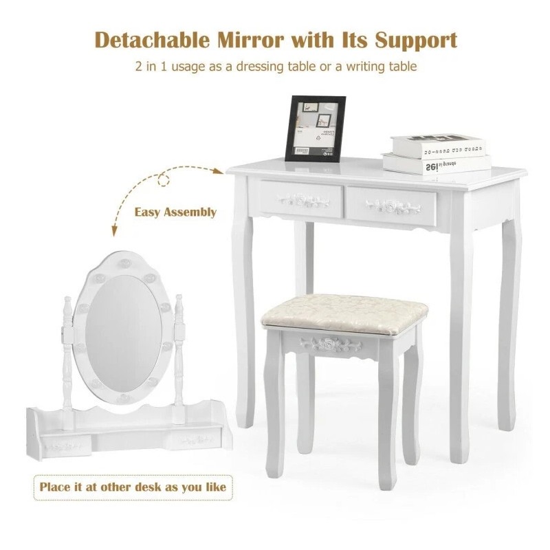 Costway Modern Dressing Table Set Makeup Vanity Desk w/Dimmable Bulbs