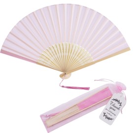 SL crafts 50 Sets Imitated Silk Hand Fan with Tassel and Organza Bags and Thank You Tags Fabric Handheld Folding Fans Bamboo Frame Bridal Dancing Props Wedding Party Favors (Pink)